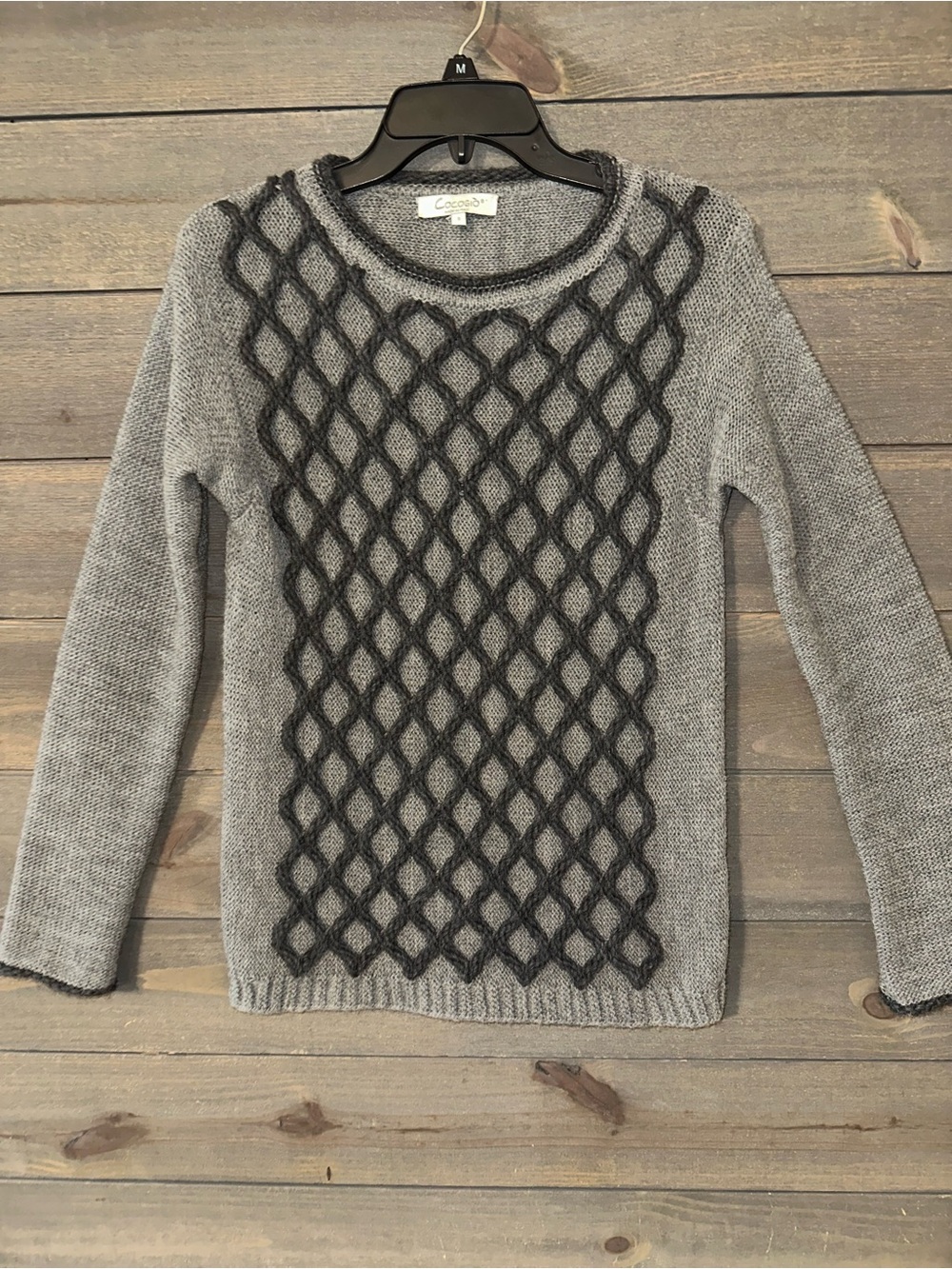 COCOGIO Grey Knit Sweater with Textured Lattice Front